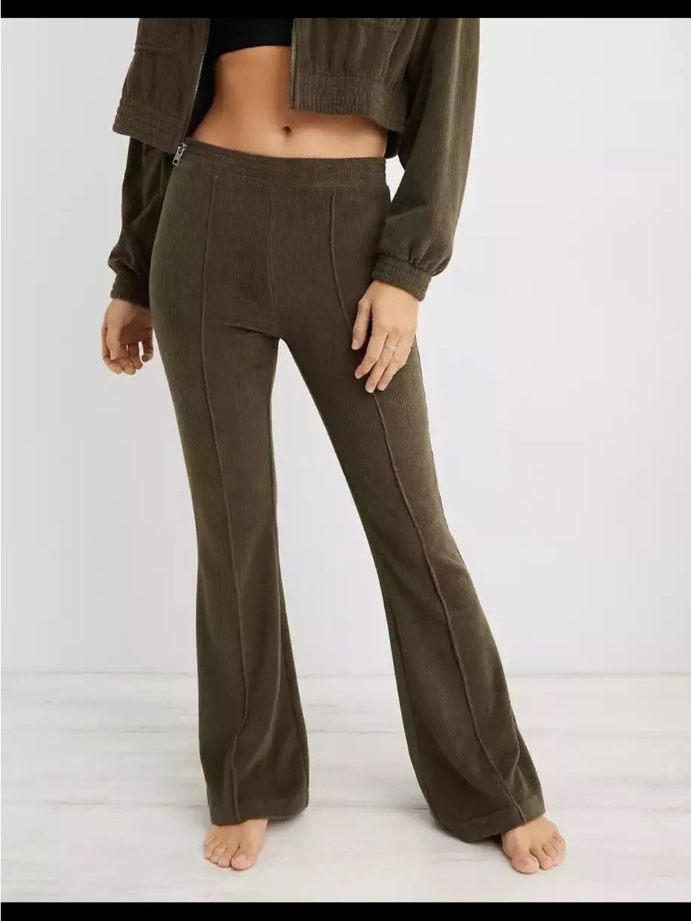 aerie Olive Ribbed Flare Pants